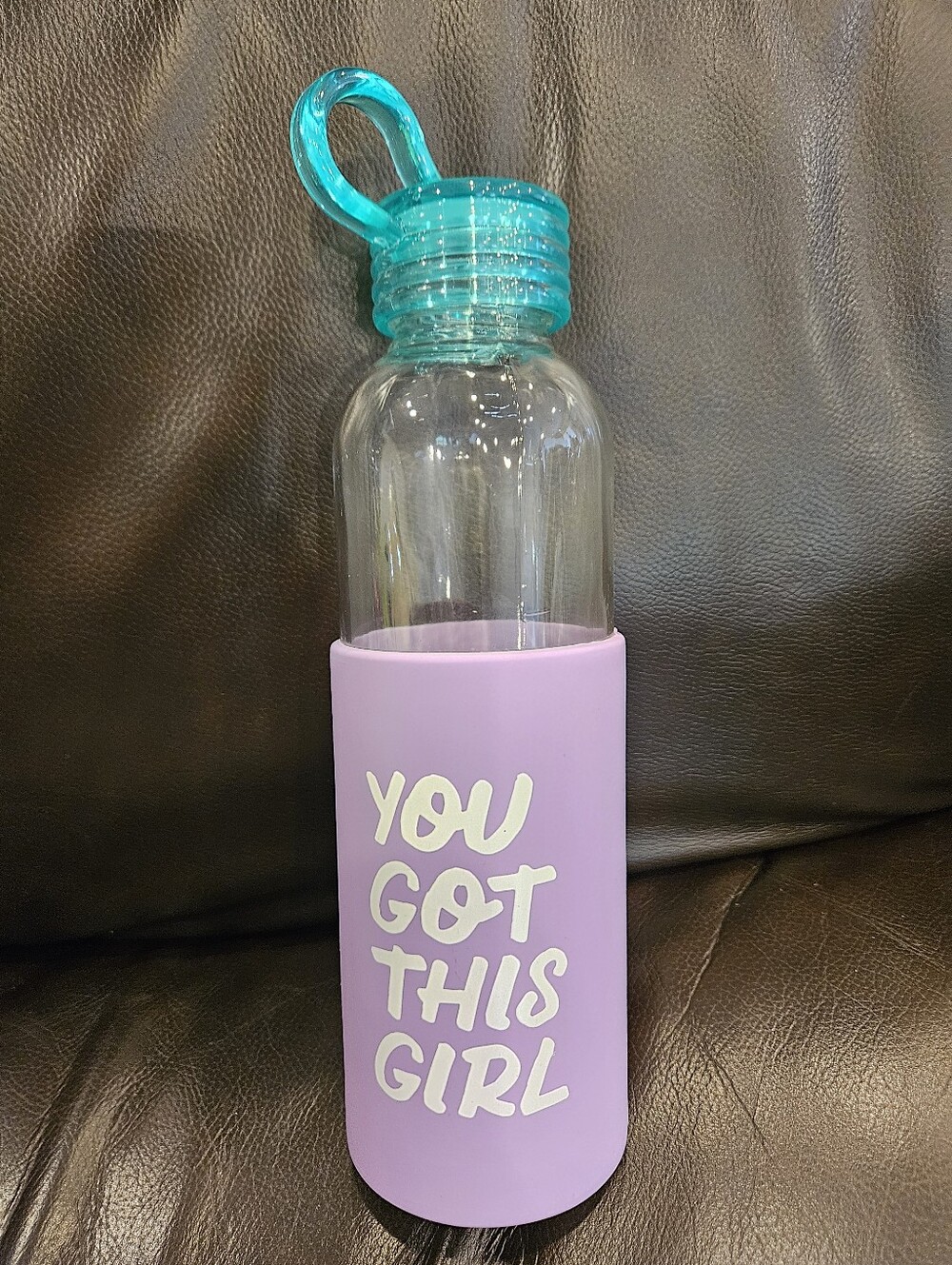 Glass Water Bottle-Lavender Grip With-"You Got This Girl" And Turquoise Lid